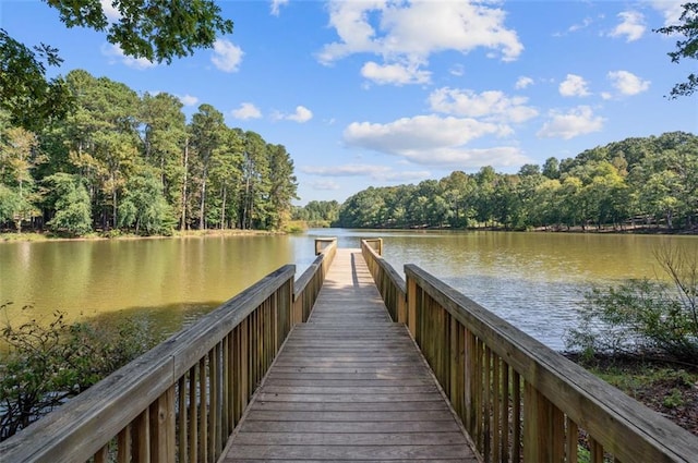 dock area featuring a water view and a view of trees