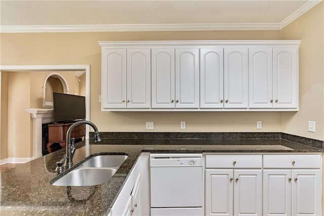 656 Deerwood Way, Evans, GA 30809 - kitchen with dishwasher, a sink, white cabinetry, dark stone counters, and ornamental molding