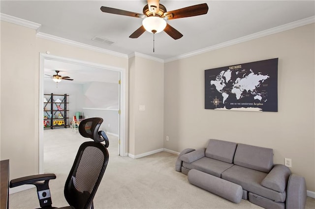 carpeted office with baseboards, a ceiling fan, visible vents, and ornamental molding