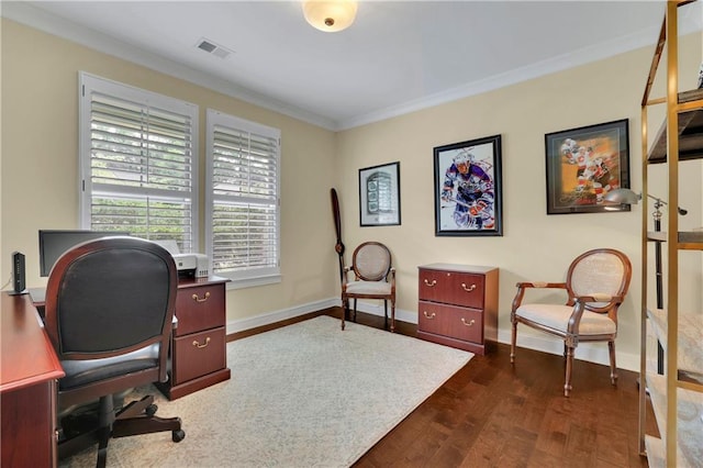 office space with ornamental molding and dark wood-type flooring