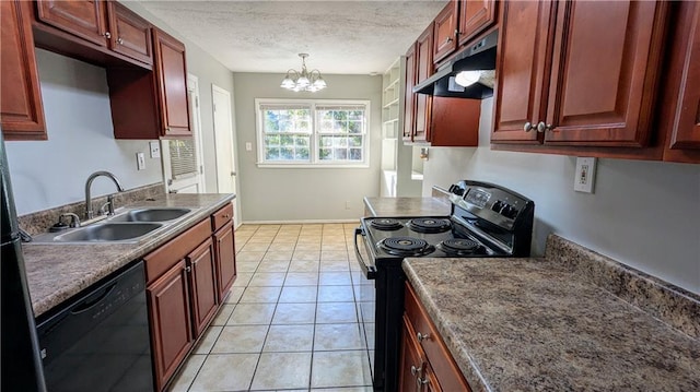 kitchen with a textured ceiling, sink, black appliances, decorative light fixtures, and an inviting chandelier