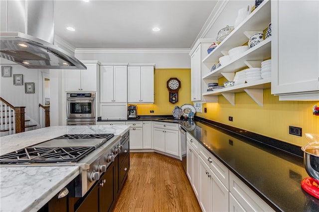 kitchen featuring ornamental molding, white cabinets, island range hood, and stainless steel appliances