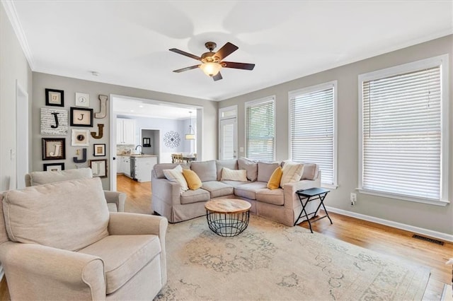 3921 Upland Way, Marietta, GA 30066 - living room with light wood-style flooring, baseboards, visible vents, ceiling fan, and ornamental molding