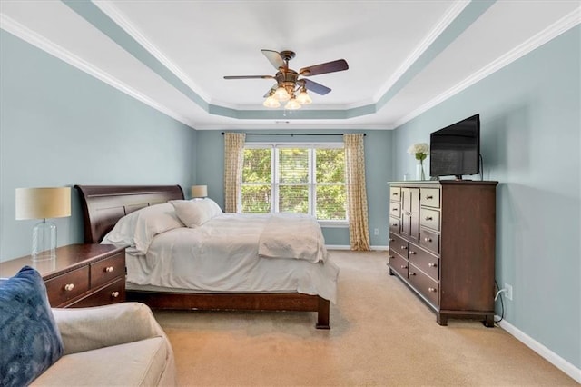 3921 Upland Way, Marietta, GA 30066 - bedroom featuring baseboards, a tray ceiling, ornamental molding, and light colored carpet