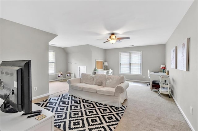 3921 Upland Way, Marietta, GA 30066 - living room featuring light carpet, a ceiling fan, baseboards, and a wealth of natural light