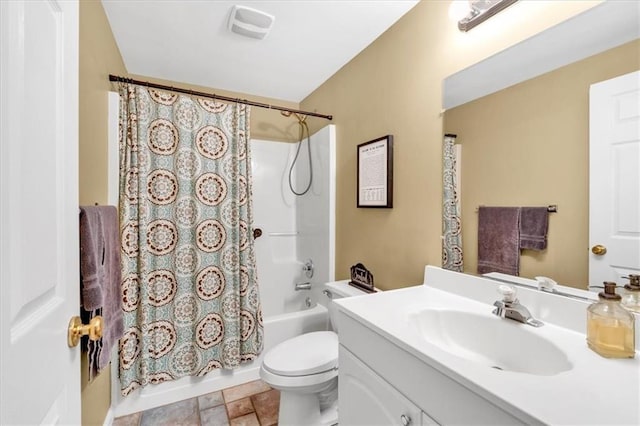 3921 Upland Way, Marietta, GA 30066 - bathroom with toilet, visible vents, shower / tub combo with curtain, stone finish floor, and vanity