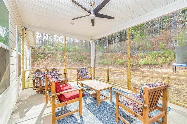 sunroom / solarium with ceiling fan and wooden ceiling