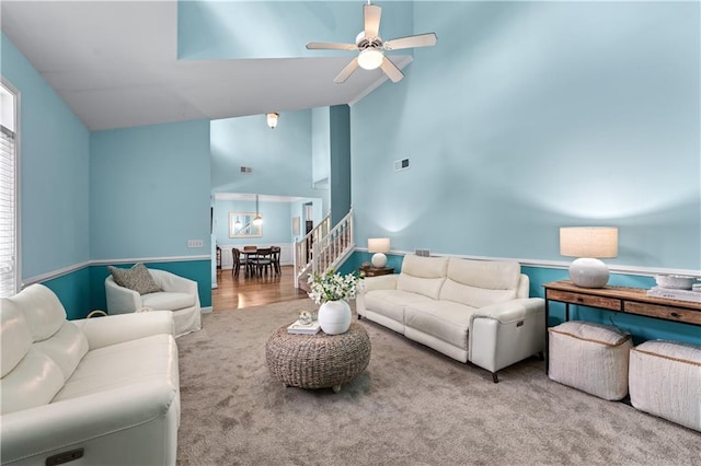 859 Scales Rd, Suwanee, GA 30024 - living area with ceiling fan, carpet flooring, and high vaulted ceiling