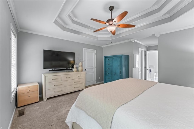 859 Scales Rd, Suwanee, GA 30024 - bedroom featuring ornamental molding, a tray ceiling, carpet flooring, baseboards, and ceiling fan