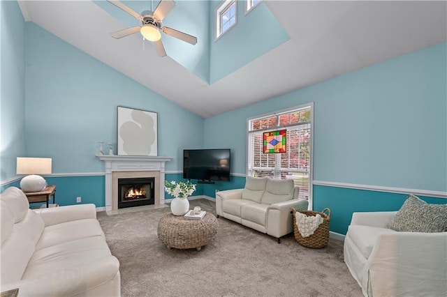 859 Scales Rd, Suwanee, GA 30024 - living area with carpet flooring, a ceiling fan, a fireplace with flush hearth, baseboards, and high vaulted ceiling