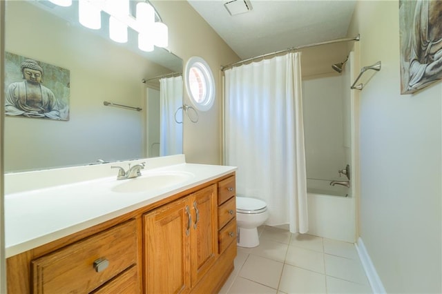 full bathroom with tile patterned flooring, vanity, toilet, and shower / bath combination with curtain