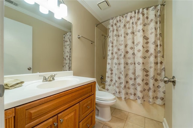 full bathroom featuring crown molding, tile patterned flooring, shower / bath combo with shower curtain, toilet, and vanity