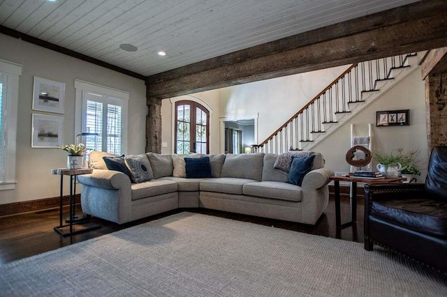 202 Hickory Chase, Carrollton, GA 30117 - living room featuring wood finished floors, wooden ceiling, recessed lighting, stairs, and baseboards