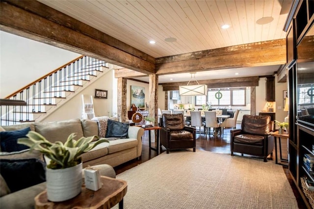 202 Hickory Chase, Carrollton, GA 30117 - living area with wooden ceiling, recessed lighting, stairs, beam ceiling, and wood finished floors