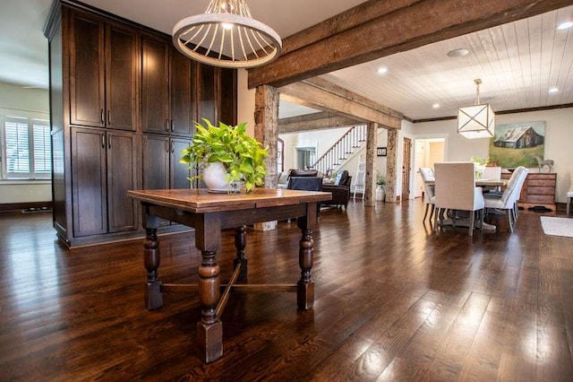 202 Hickory Chase, Carrollton, GA 30117 - dining area featuring stairs, dark wood-type flooring, recessed lighting, a chandelier, and beam ceiling