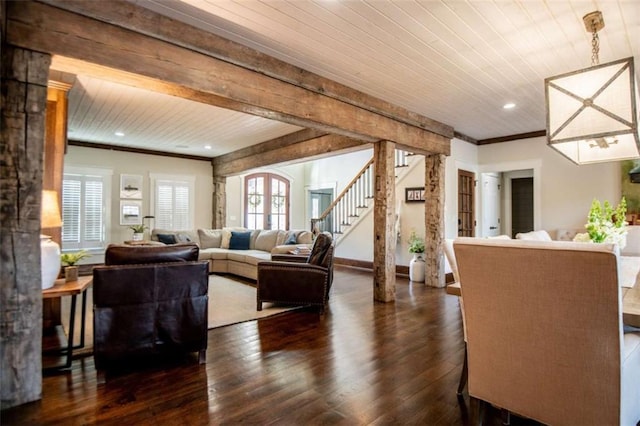 202 Hickory Chase, Carrollton, GA 30117 - living room with ornamental molding, wooden ceiling, stairway, dark wood-style flooring, and recessed lighting