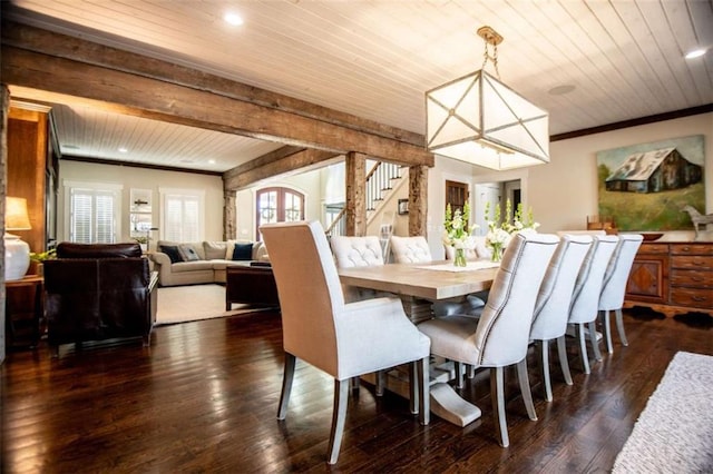 202 Hickory Chase, Carrollton, GA 30117 - dining room featuring wooden ceiling, stairway, dark wood-style floors, recessed lighting, and ornamental molding