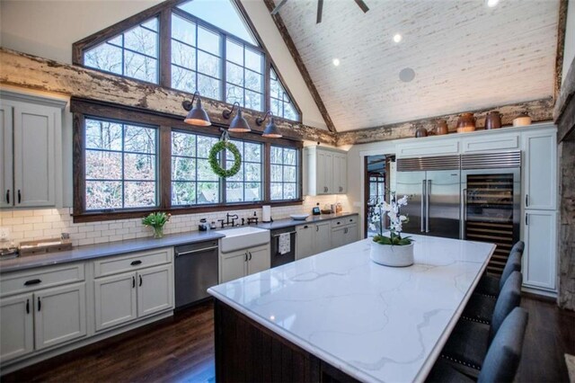 202 Hickory Chase, Carrollton, GA 30117 - kitchen with stainless steel dishwasher, dark wood finished floors, plenty of natural light, a sink, and high vaulted ceiling