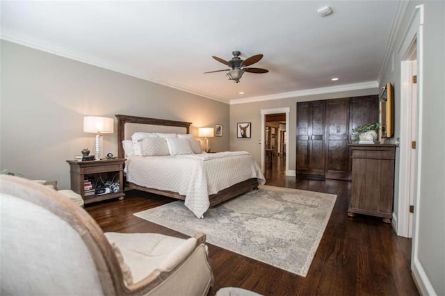 202 Hickory Chase, Carrollton, GA 30117 - bedroom with dark wood-style flooring, recessed lighting, baseboards, crown molding, and ceiling fan