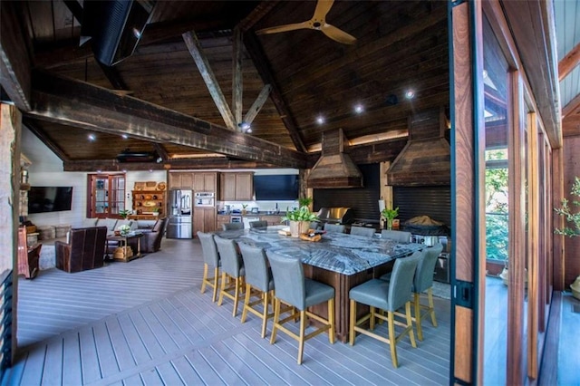 202 Hickory Chase, Carrollton, GA 30117 - dining room featuring wood-type flooring, wooden ceiling, and ceiling fan