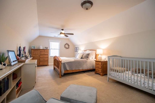 202 Hickory Chase, Carrollton, GA 30117 - bedroom featuring light colored carpet, lofted ceiling, and ceiling fan