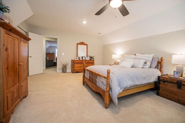 202 Hickory Chase, Carrollton, GA 30117 - bedroom with light colored carpet, ceiling fan, vaulted ceiling, and recessed lighting