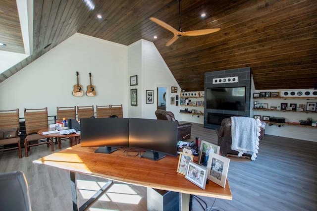202 Hickory Chase, Carrollton, GA 30117 - living room with wooden ceiling, ceiling fan, wood finished floors, high vaulted ceiling, and recessed lighting