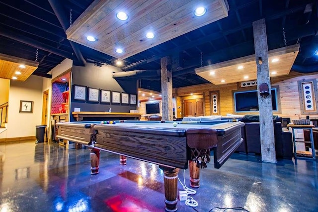 202 Hickory Chase, Carrollton, GA 30117 - recreation room featuring finished concrete flooring, billiards, recessed lighting, baseboards, and wood ceiling