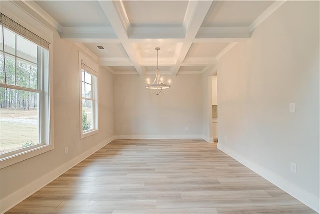 unfurnished dining area featuring beamed ceiling, light wood-type flooring, an inviting chandelier, and coffered ceiling