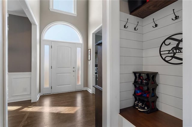 foyer entrance featuring dark wood-style floors and a high ceiling