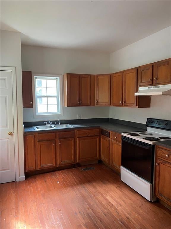 kitchen with light wood-type flooring, sink, and white electric range oven