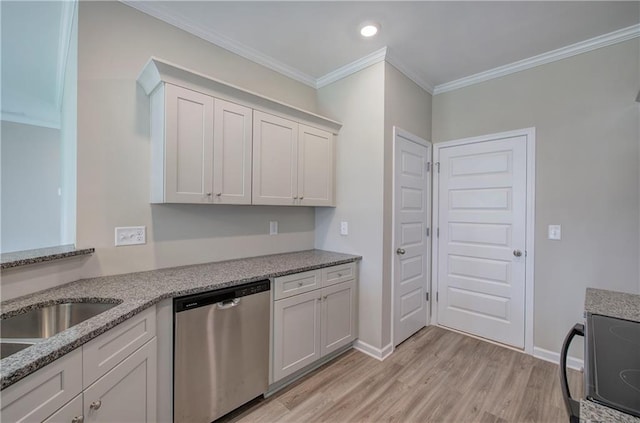 kitchen with crown molding, dishwasher, white cabinetry, light stone countertops, and light wood-type flooring