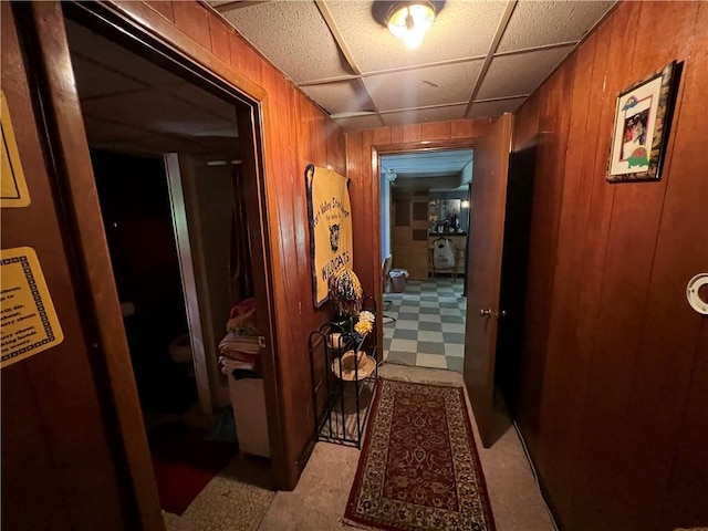 hallway with a drop ceiling, wooden walls, and light floors