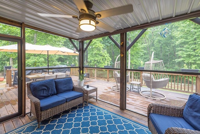 1464 Fieldstone Ct, Winder, GA 30680 - deck with an outdoor hangout area and a ceiling fan