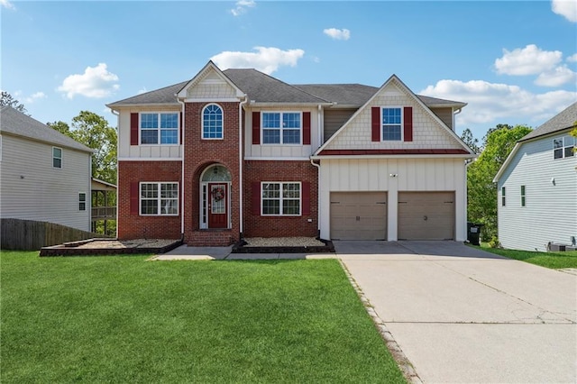 view of front of property featuring brick siding, driveway, board and batten siding, and a garage
