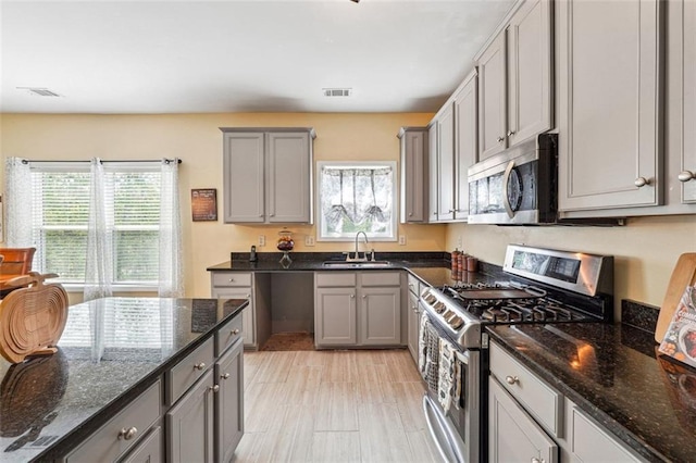 kitchen with stainless steel appliances, a sink, gray cabinets, and plenty of natural light