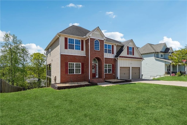 view of front of property with concrete driveway, brick siding, board and batten siding, and an attached garage