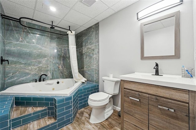 bathroom with toilet, wood finished floors, vanity, and a combined bath / shower with rainfall shower