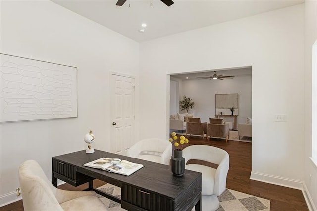 office featuring ceiling fan and dark hardwood / wood-style flooring