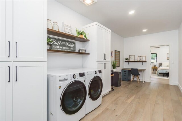 clothes washing area featuring visible vents, recessed lighting, cabinet space, light wood-type flooring, and washer and clothes dryer