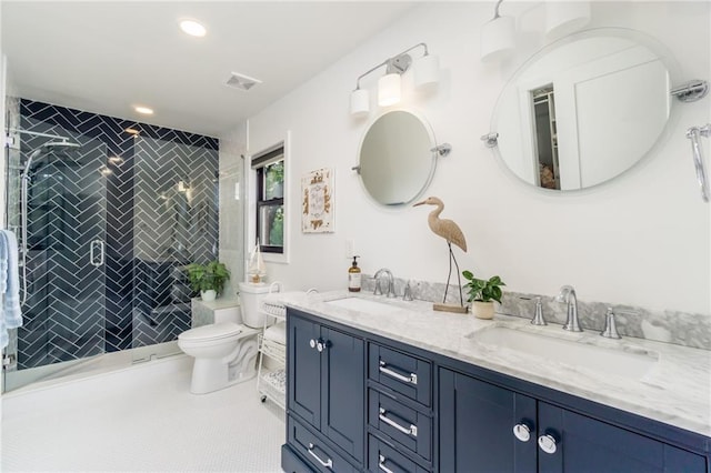 full bath featuring tile patterned flooring, a shower stall, visible vents, and a sink