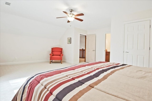 bedroom with ceiling fan and carpet floors