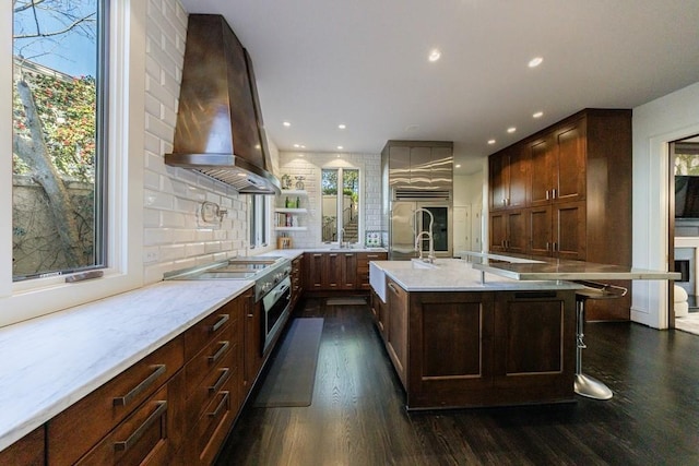 kitchen featuring a sink, exhaust hood, appliances with stainless steel finishes, tasteful backsplash, and dark wood finished floors