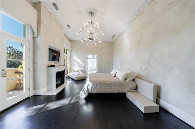 bedroom featuring high vaulted ceiling, access to exterior, visible vents, and dark wood-style flooring