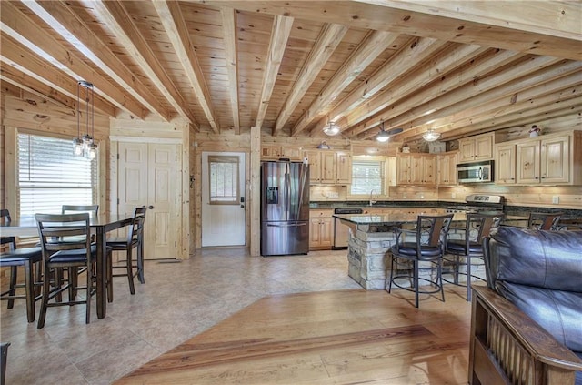 128 Rushing Waters Ct, Talking Rock, GA 30175 - kitchen with appliances with stainless steel finishes, dark countertops, a kitchen bar, and hanging light fixtures