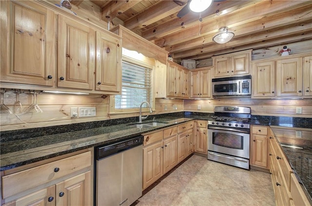 128 Rushing Waters Ct, Talking Rock, GA 30175 - kitchen featuring appliances with stainless steel finishes, light brown cabinetry, light tile patterned flooring, a wooden ceiling with exposed beams, and dark stone countertops