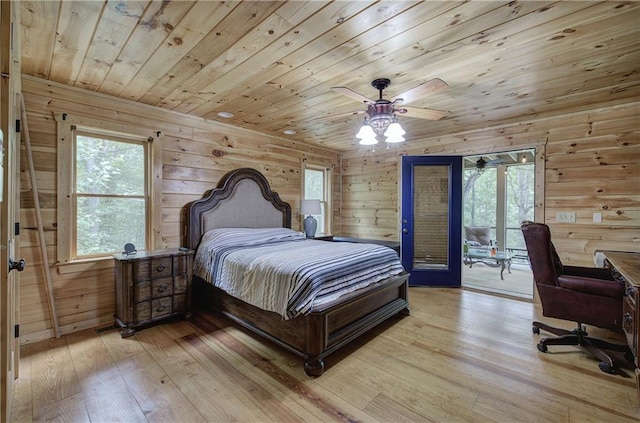 128 Rushing Waters Ct, Talking Rock, GA 30175 - bedroom featuring wood ceiling, access to exterior, wood walls, light wood-type flooring, and ceiling fan