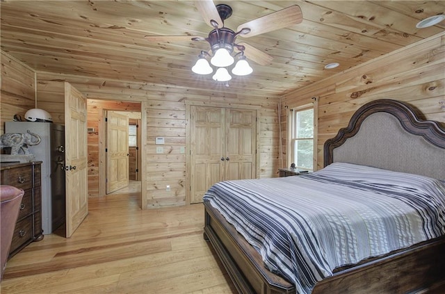 128 Rushing Waters Ct, Talking Rock, GA 30175 - bedroom with wooden ceiling, light wood-style flooring, wooden walls, a closet, and a ceiling fan
