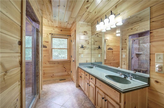128 Rushing Waters Ct, Talking Rock, GA 30175 - bathroom with wood walls, double vanity, wooden ceiling, a stall shower, and tile patterned floors