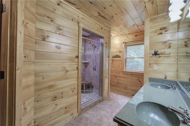 128 Rushing Waters Ct, Talking Rock, GA 30175 - bathroom featuring wood walls, wood ceiling, a stall shower, and double vanity